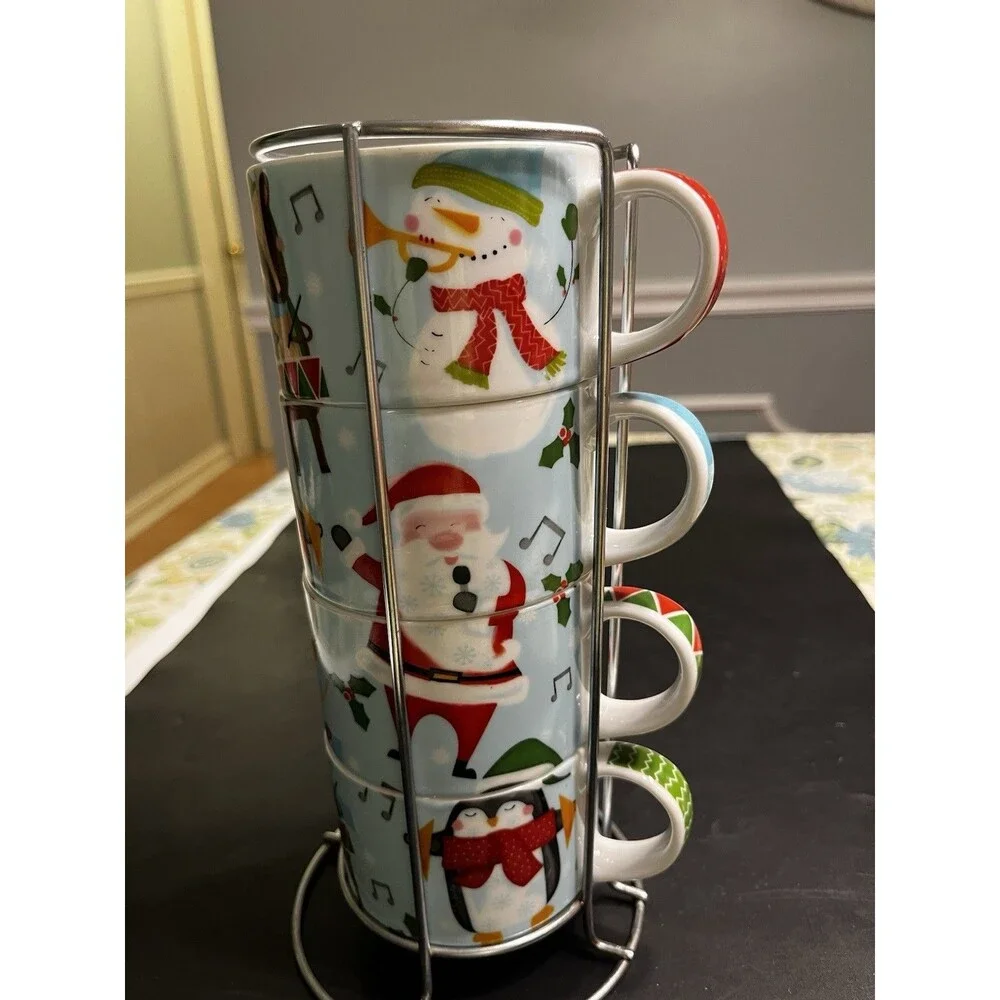 Pier 1 Stackable Santa Snowman Christmas Mugs w Metal Holder